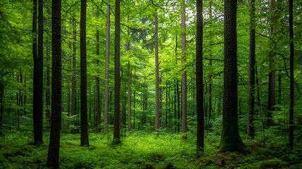 Fototapeta premium Lush Green Forest with Sunlight Dappled Through the Canopy