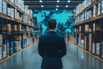 A professional stands in a warehouse, visualizing a digital map overlay displaying global logistics data, symbolizing the intersection of technology and supply chain management.