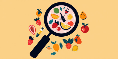 A colorful illustration featuring a magnifying glass over various fruits, emphasizing freshness and health.