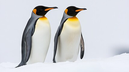 Fototapeta premium Two Penguins Standing on Snowy Terrain with Overcast Sky in a Serene Winter Landscape