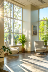 Warm and Inviting Rehabilitation Room with Therapist and Patient Fostering Supportive Conversation, Illuminated by Natural Light