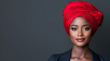 Confident woman red headwrap gray background portrait