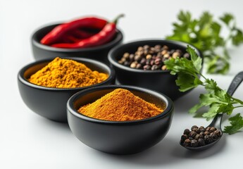 Vibrant Spices in Black Bowls with Chili Peppers and Fresh Cilantro on a Clean White Background