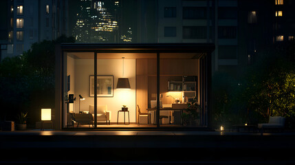 Modern City Apartment at Night with Warm Interior Lighting