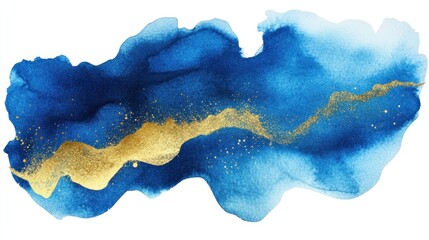 Abstract blue watercolor wash with gold accents.