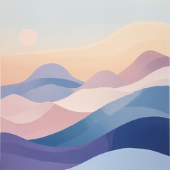 Serene landscape featuring soft, layered hills under a pastel sky at sunset, creating a calming atmosphere suitable for relaxation or meditation visuals