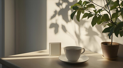 Sunlight Illuminates a White Coffee Cup and Potted Plant on a Wooden Table