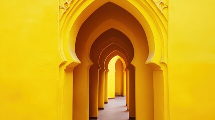 Fototapeta premium Vibrant Yellow Archway Leading to Serene Passage with Arches