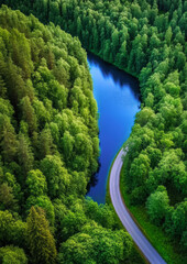 Fototapeta premium A stunning aerial view captures a river gracefully winding through vibrant green forests, offering a serene escape into nature's beauty, highlighting the harmony between water and woodland.