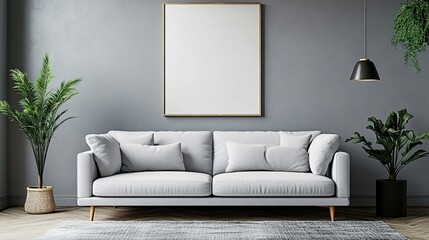 Fototapeta premium The white sofa with a blank picture above it is stunning