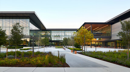 Naklejka premium Modern Office Campus with Glass Facade and Landscaped Courtyard