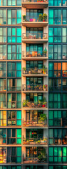 A captivating view of a modern apartment building showcasing a series of colorful balconies adorned with plants and comfortable seating, reflecting urban living with a touch of nature.