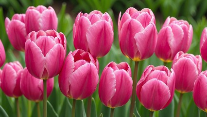 Fototapeta premium Pink tulips with blurred green outdoor background