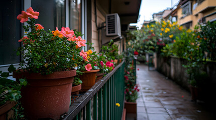 Vibrant Orange and Pink Flowers in Terracotta Pots on a City Balcony