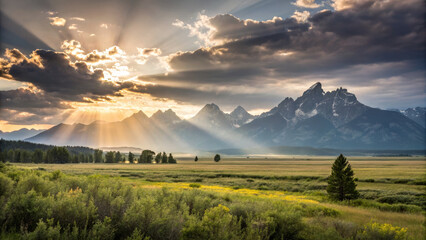 Majestic mountains with sun rays shining over lush green valley