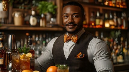 Stylish african american bartender at upscale bar. Confident bartender in vest and bowtie stands behind bar filled with spirits, cocktail shakers and fresh ingredients
