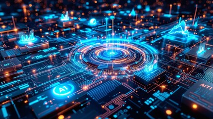 Fototapeta premium Futuristic Cityscape with Glowing Networks: Modern Tech and Connectivity, glowing blue abstract background