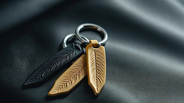 Three leather feather keychains on dark leather