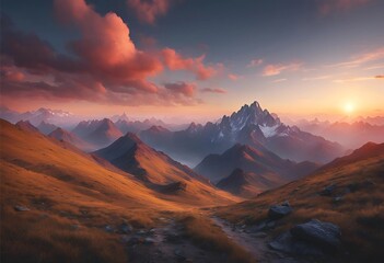 Naklejka premium mountain landscape: sunset in the mountains