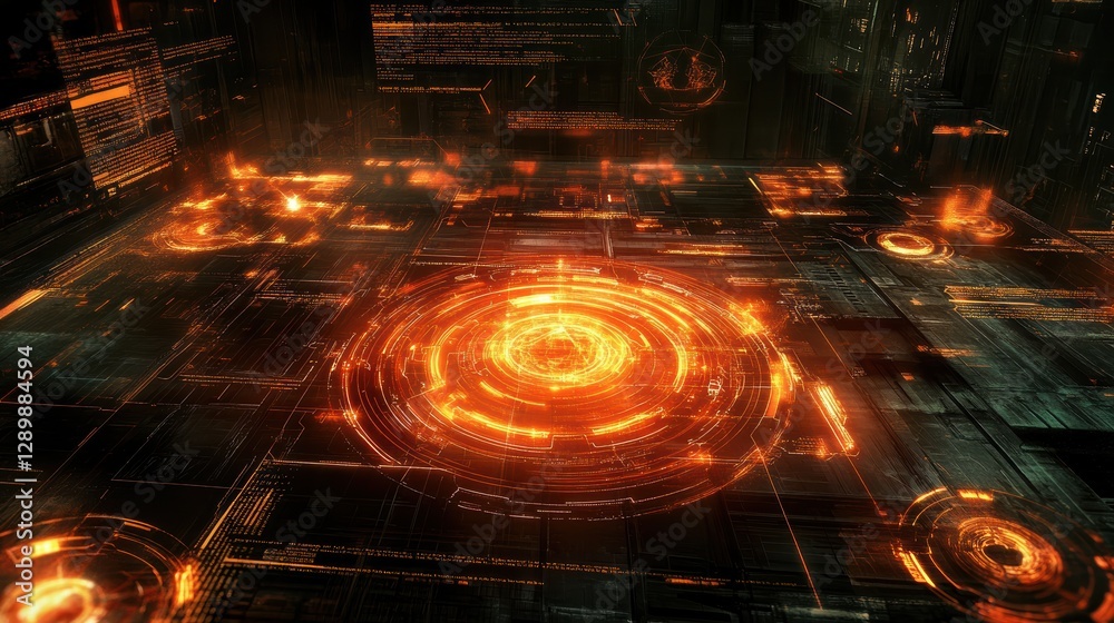 Poster futuristic digital interface with glowing circles and lines on dark background for technology and sc