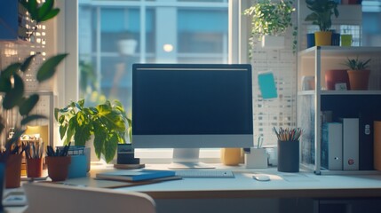 Modern workspace desk setup with computer and plants under natural light in office