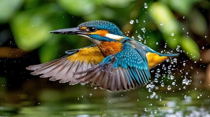 A vibrant kingfisher captures attention as it elegantly dives toward the water, sending droplets flying in a sunlit tropical setting surrounded by greenery.