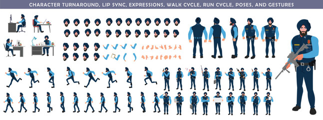 
Police Officer Character Design Model Sheet. Man, Character design. Front, side, back view and explainer animation poses. Character set with lip sync and Walk cycle animation sequences.
