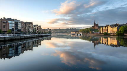 Obraz premium Sunrise Reflection Over a Calm River in European City