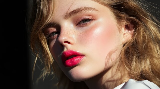 A model with vibrant pink lips, half-lit face, exuding bold elegance and mystery.
