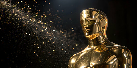 Close up of an Oscars trophy under cinematic lighting, symbolizing achievement
