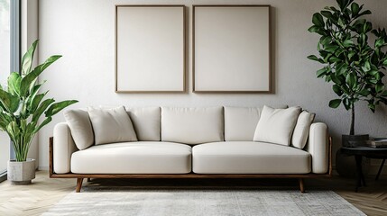 A modern living room with a sofa and green plants