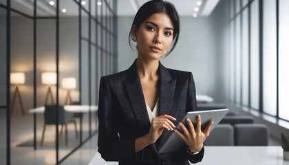 Obraz premium A confident businesswoman stands in a modern office, holding a tablet. Her professional attire and the sleek decor enhance the atmosphere of productivity and focus.
