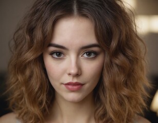 Naklejka premium A young woman with beautiful, curly hair gazes confidently into the camera, showcasing her striking features and expressive eyes. The soft lighting adds warmth, enhancing her natural beauty.