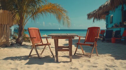 Beach cafe table chairs ocean view relaxation