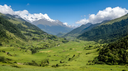 Fototapeta premium Panoramic View of a Snow Capped Mountain Valley