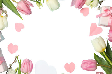 PNG, March 8. Frame of flowers, with space for text, isolated on white background.