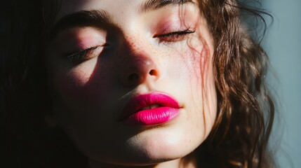 A model with vibrant pink lips, half-lit face, exuding bold elegance and mystery.

