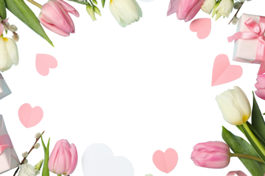 PNG, March 8. Frame of flowers, with space for text, isolated on white background. - Powered by Adobe
