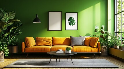 Modern green living room with a yellow sofa and plants