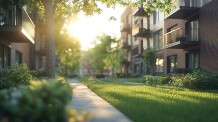 Obraz premium Sunny pathway, apartment complex, green landscaping, sunset, real estate