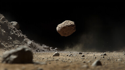 Naklejka premium A floating asteroid in low gravity above a barren, rocky surface - Generative AI