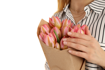 PNG, March 8. Girl with a bouquet of flowers, with space for text, isolated on a white background.