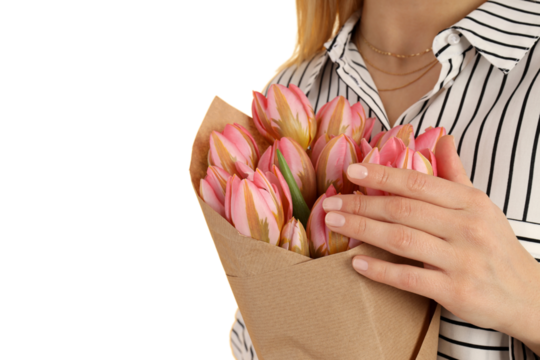 PNG, March 8. Girl with a bouquet of flowers, with space for text, isolated on a white background.
