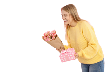PNG, March 8. Girl with flowers and gift box, isolated on white background.