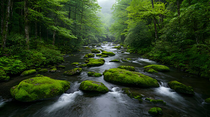 Obraz premium Serene River Flowing Through Lush Green Forest