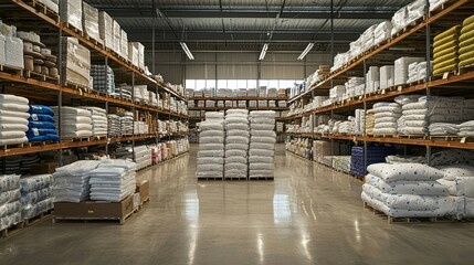 Fototapeta premium Warehouse Interior with Packed Goods, Sunlight, Wide Aisles