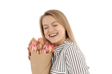 PNG, March 8. Girl holding flowers in her hands, isolated on white background.