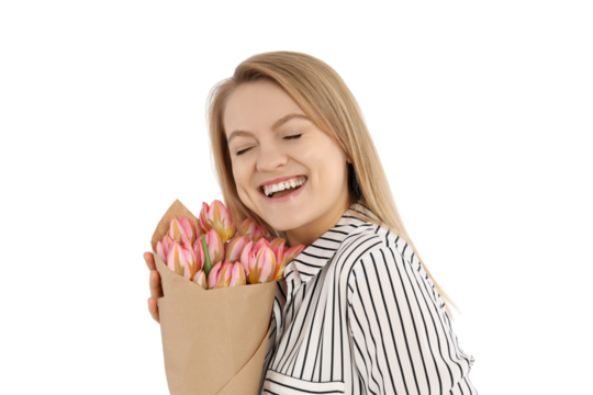 PNG, March 8. Girl holding flowers in her hands, isolated on white background.
