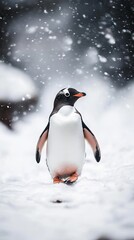 Fototapeta premium Penguin Walking Gracefully Through a Serene Snowy Landscape with Falling Snowflakes