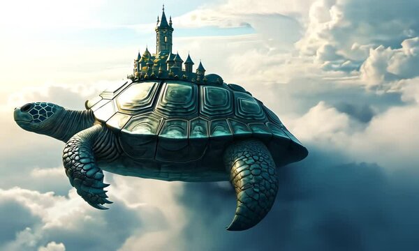 Majestic Turtle Floating in the Clouds with Castle on Its Back with ai generated.